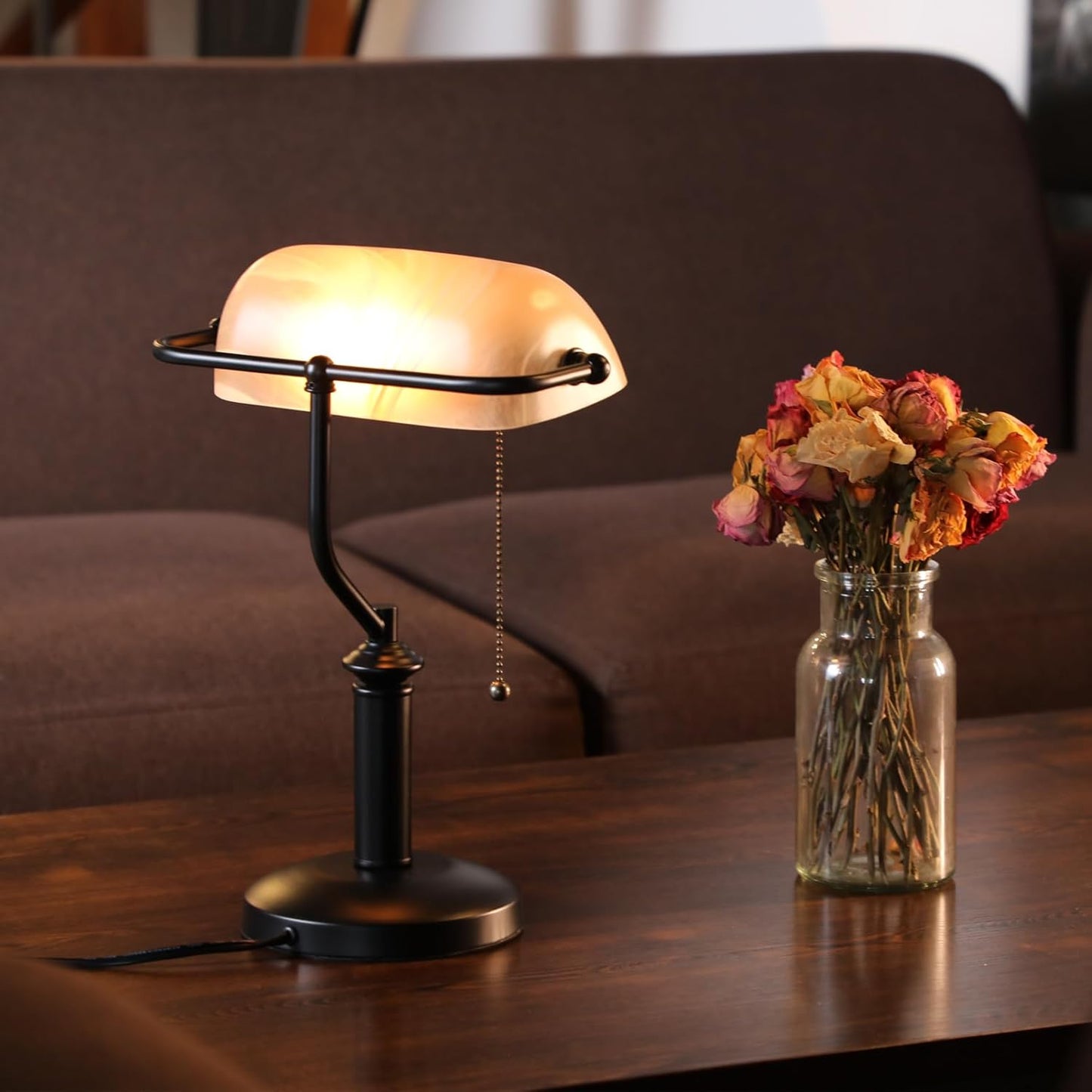 Pale Yellow Glass Bankers Desk Lamp with Pull Chain, E26 Base | Uniquely Textured Base, Antique Traditional Library Lamp for Office Study Room, Bulbs not Included