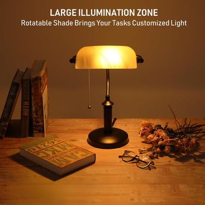 Pale Yellow Glass Bankers Desk Lamp with Pull Chain, E26 Base | Uniquely Textured Base, Antique Traditional Library Lamp for Office Study Room, Bulbs not Included