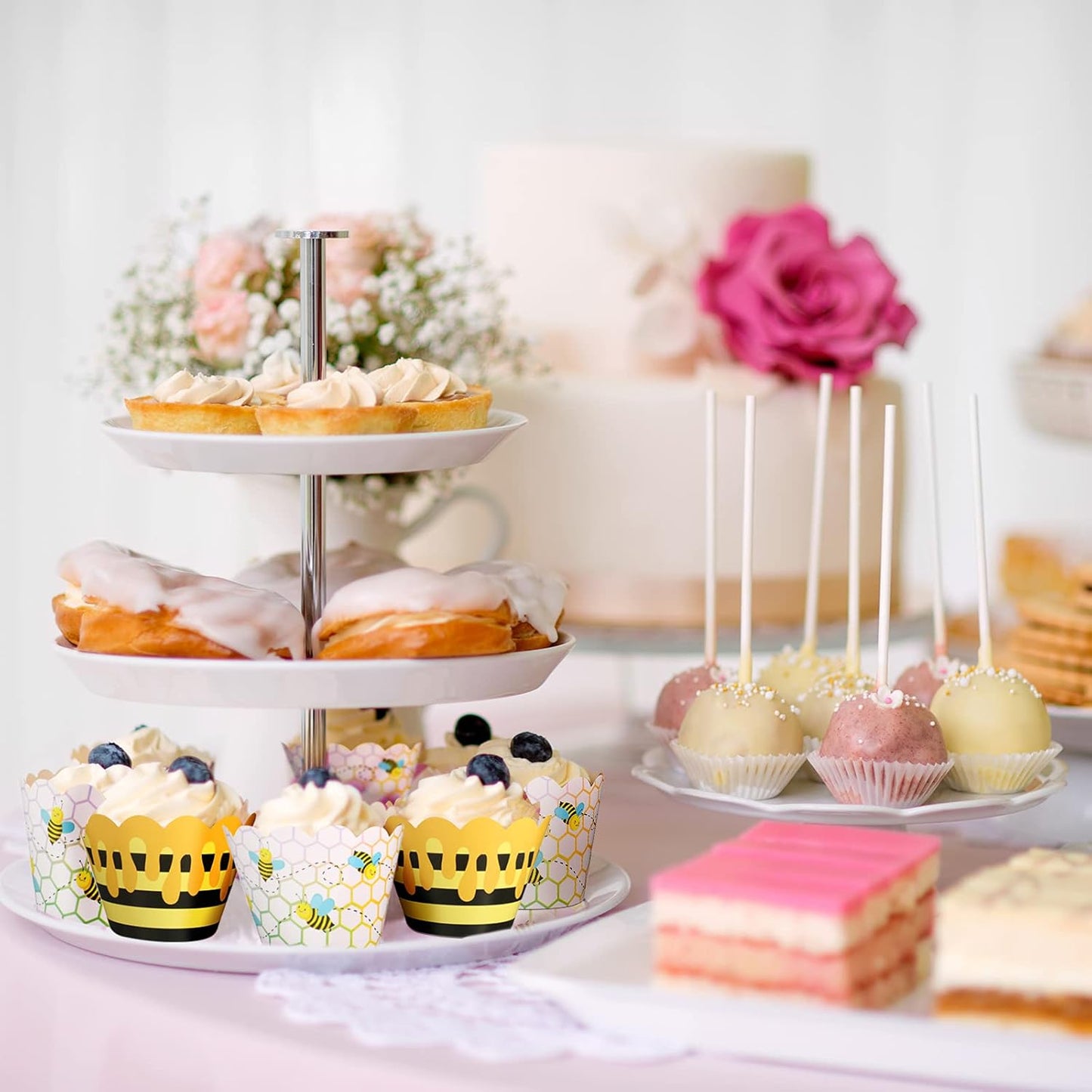 48 Pcs Honey Bee Cupcake Wrappers Bee Party Baking Cups Wrappers Cake Decorations Yellow Stripes Cup Cake Holder for Baby Shower Birthday Party Decoration Supplies