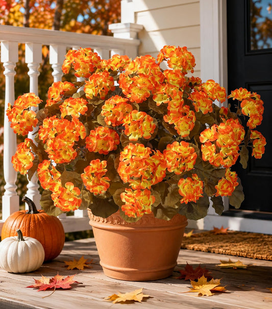 Fake Geraniums Fall Flowers Artificial Flowers for Outdoors Autumn Decor, 6 Bundles Silk Geraniums Fake Plants Realistic UV Resistant Faux Flowers for Outdoor Planters Front Door Porch, Orange Yellow