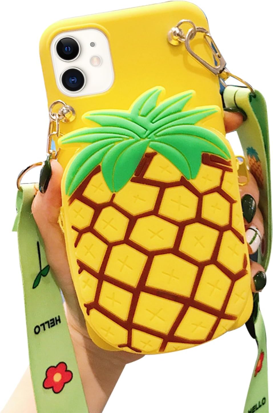 Wallet Case for iPhone 17 with Strap Lanyard Cute Pineapple Yellow Coin Purse Funny Phone Case Kawaii Soft Silicone Shockproof Cover for Women Girls