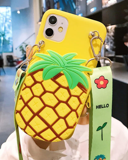 Wallet Case for iPhone 17 with Strap Lanyard Cute Pineapple Yellow Coin Purse Funny Phone Case Kawaii Soft Silicone Shockproof Cover for Women Girls