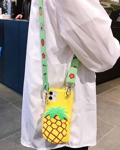 Wallet Case for iPhone 17 with Strap Lanyard Cute Pineapple Yellow Coin Purse Funny Phone Case Kawaii Soft Silicone Shockproof Cover for Women Girls