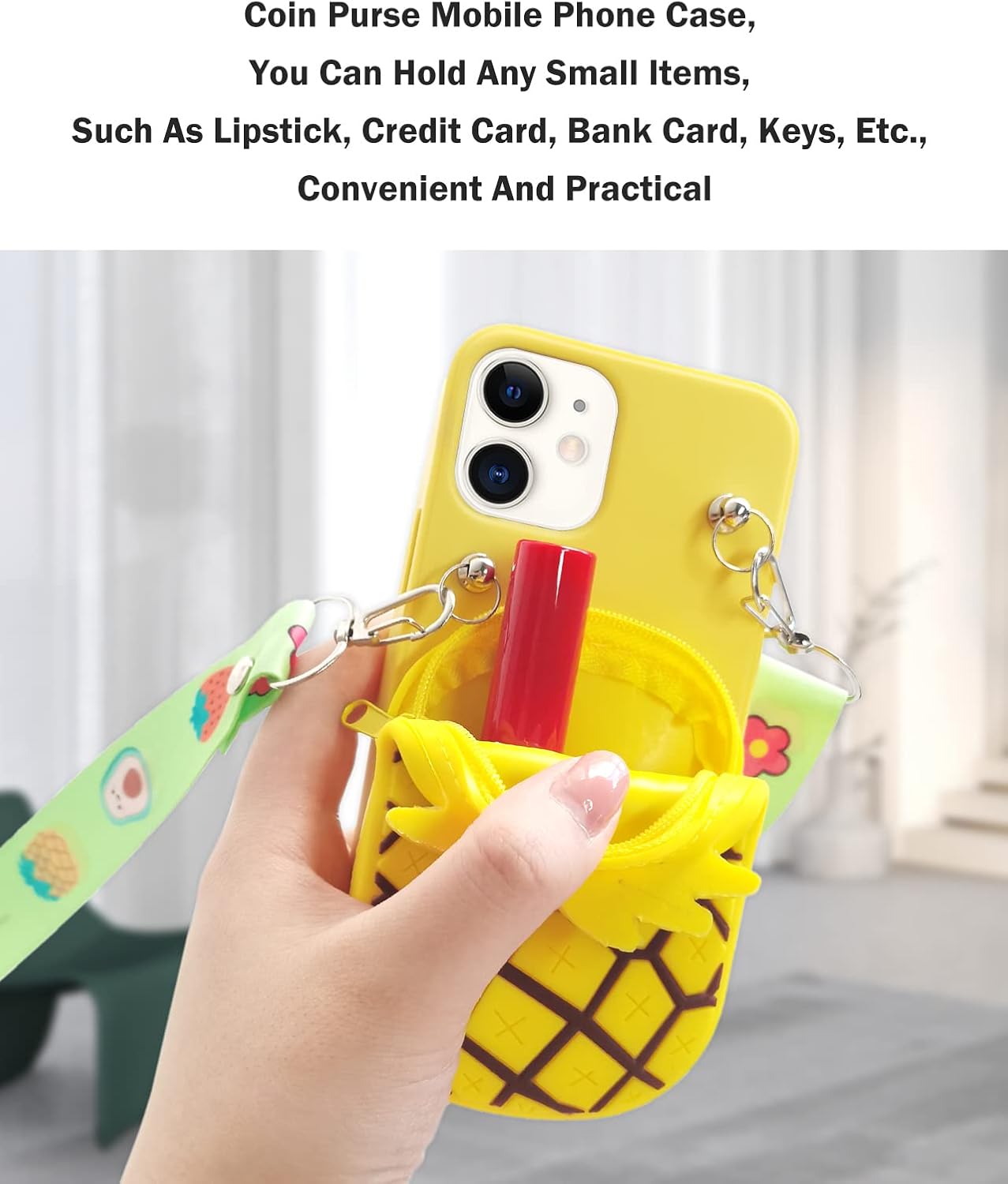 Wallet Case for iPhone 17 with Strap Lanyard Cute Pineapple Yellow Coin Purse Funny Phone Case Kawaii Soft Silicone Shockproof Cover for Women Girls