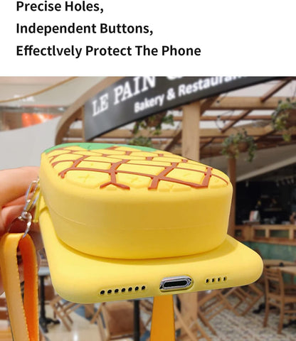 Wallet Case for iPhone 17 with Strap Lanyard Cute Pineapple Yellow Coin Purse Funny Phone Case Kawaii Soft Silicone Shockproof Cover for Women Girls