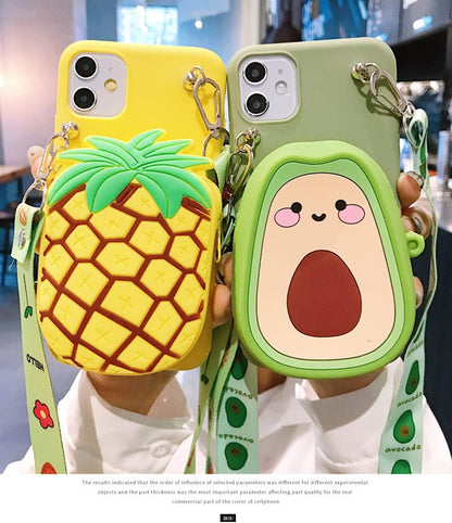 Wallet Case for iPhone 17 with Strap Lanyard Cute Pineapple Yellow Coin Purse Funny Phone Case Kawaii Soft Silicone Shockproof Cover for Women Girls