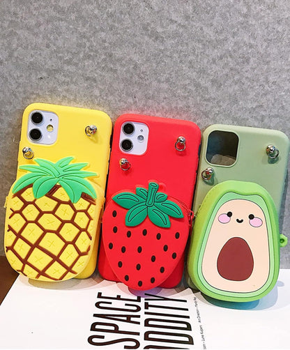 Wallet Case for iPhone 17 with Strap Lanyard Cute Pineapple Yellow Coin Purse Funny Phone Case Kawaii Soft Silicone Shockproof Cover for Women Girls