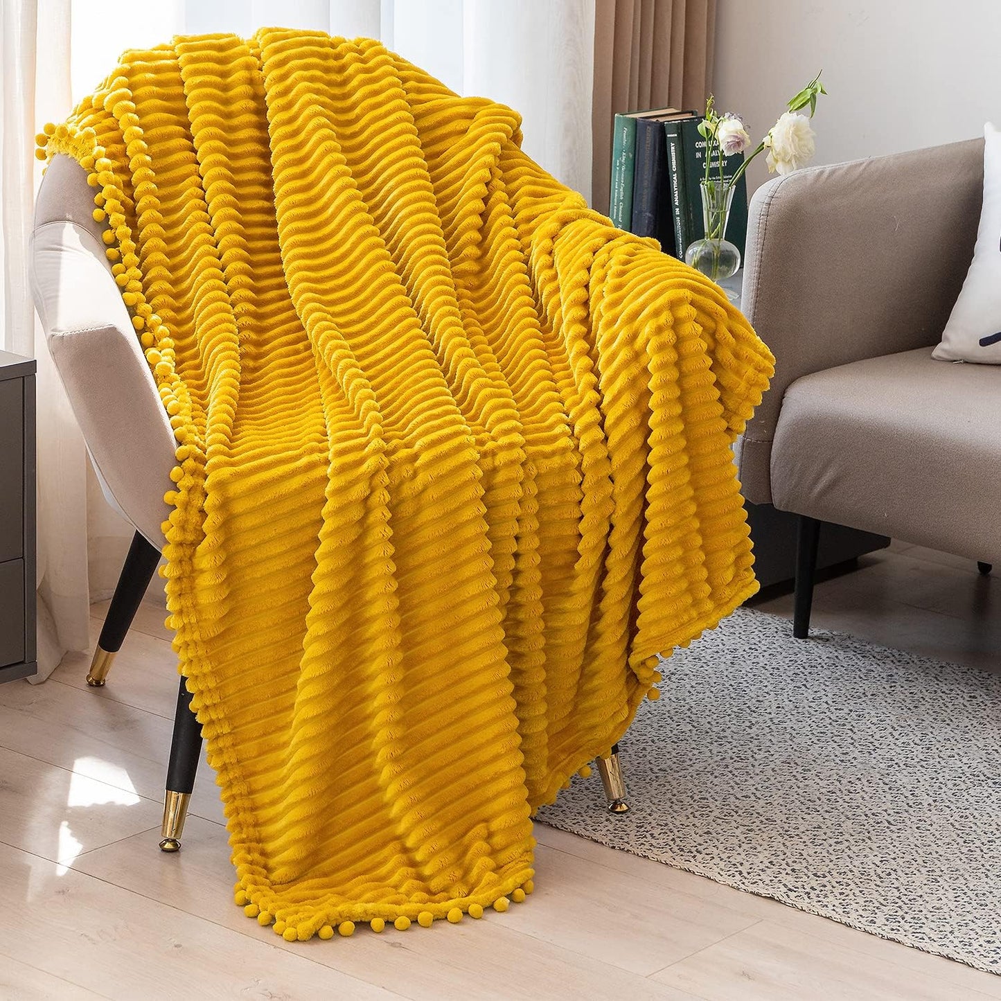 Fleece Blanket Throw Size – 51x63, Yellow Soft, Plush, Fluffy, Fuzzy, Warm, Cozy Perfect for Couch, Bed, Sofa - with Pompom Fringe Flannel