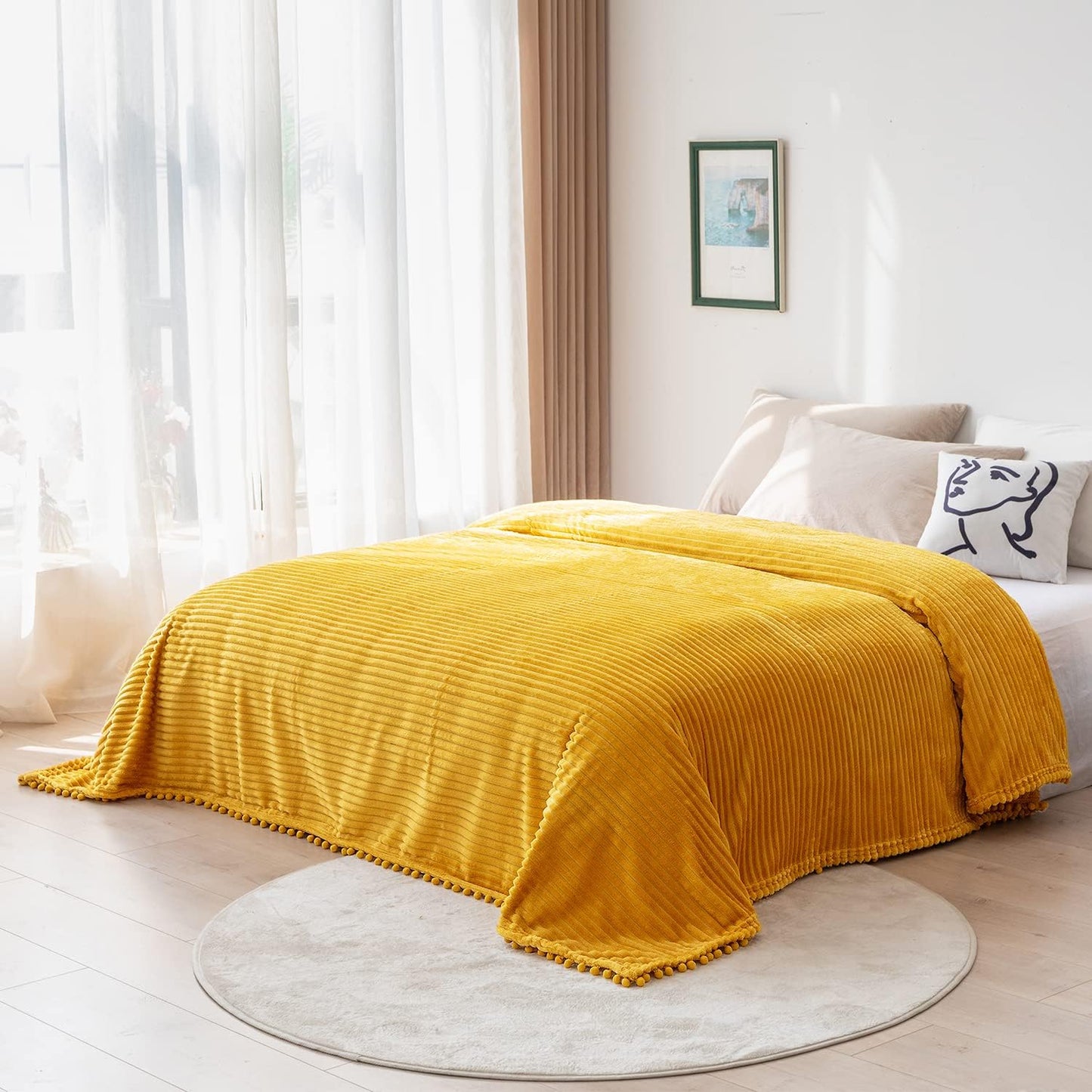 Fleece Blanket Throw Size – 51x63, Yellow Soft, Plush, Fluffy, Fuzzy, Warm, Cozy Perfect for Couch, Bed, Sofa - with Pompom Fringe Flannel