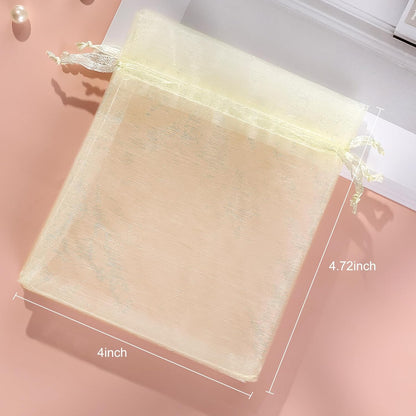 100pcs Organza Bags, 4''x4.72'' Pastel Yellow Satin Drawstring Organza Pouch Wedding Party Favor Gift Bag Jewelry Watch Bags