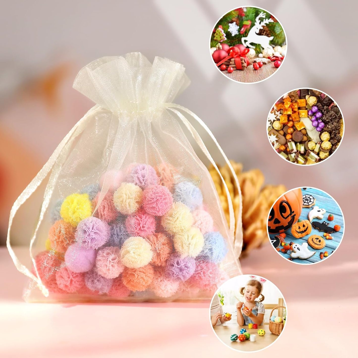 100pcs Organza Bags, 4''x4.72'' Pastel Yellow Satin Drawstring Organza Pouch Wedding Party Favor Gift Bag Jewelry Watch Bags