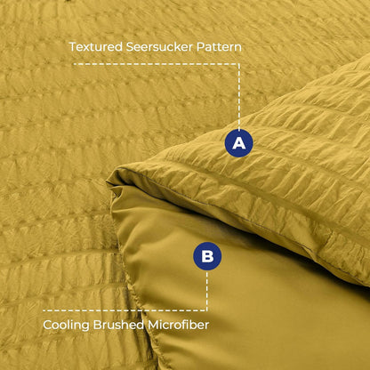 Mustard Yellow Duvet Cover Queen Size, Ultra Soft 3-Piece Seersucker Duvet Cover Set with Zipper Closure, Soft Brushed Microfiber Bedding Set with 8 Corner Ties (90"x90", 2 Pillowshams)