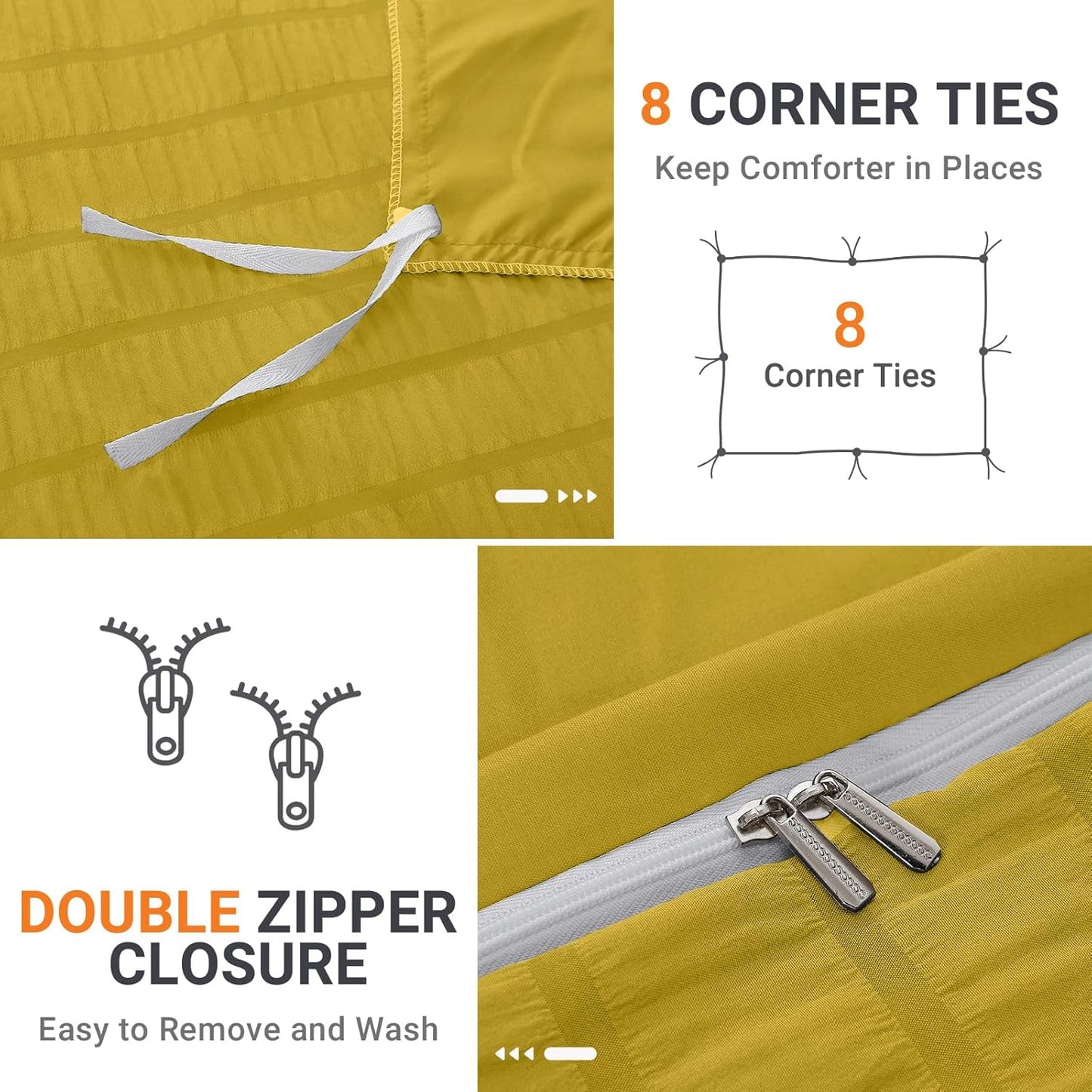 Mustard Yellow Duvet Cover Queen Size, Ultra Soft 3-Piece Seersucker Duvet Cover Set with Zipper Closure, Soft Brushed Microfiber Bedding Set with 8 Corner Ties (90"x90", 2 Pillowshams)