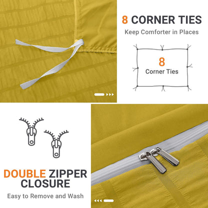 Mustard Yellow Duvet Cover Queen Size, Ultra Soft 3-Piece Seersucker Duvet Cover Set with Zipper Closure, Soft Brushed Microfiber Bedding Set with 8 Corner Ties (90"x90", 2 Pillowshams)