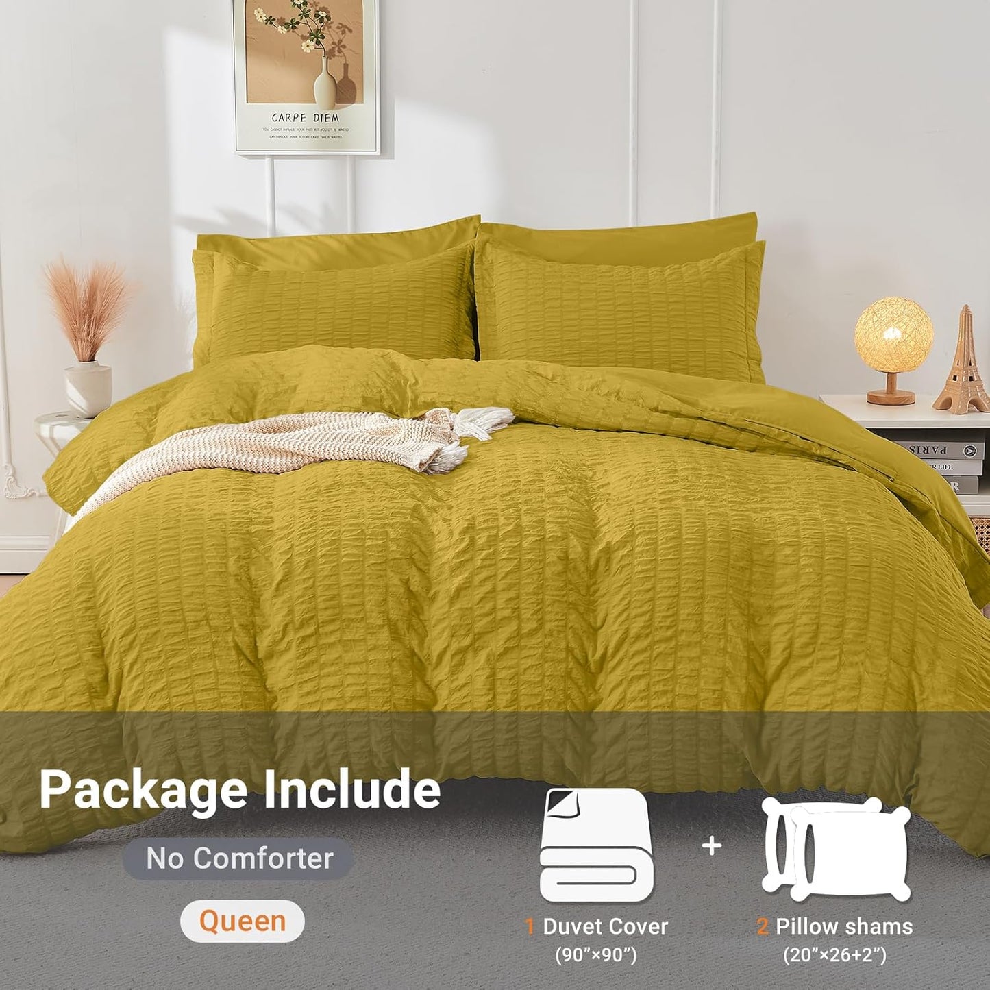 Mustard Yellow Duvet Cover Queen Size, Ultra Soft 3-Piece Seersucker Duvet Cover Set with Zipper Closure, Soft Brushed Microfiber Bedding Set with 8 Corner Ties (90"x90", 2 Pillowshams)