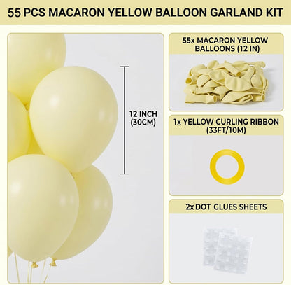 55pcs Pastel Yellow Balloons 12 Inch, Light Pale Macaron Yellow | Latex Party Balloons for Lemon Bee Baby Shower, Sunflower Birthday, Gender Reveal (With Ribbon & Glues)