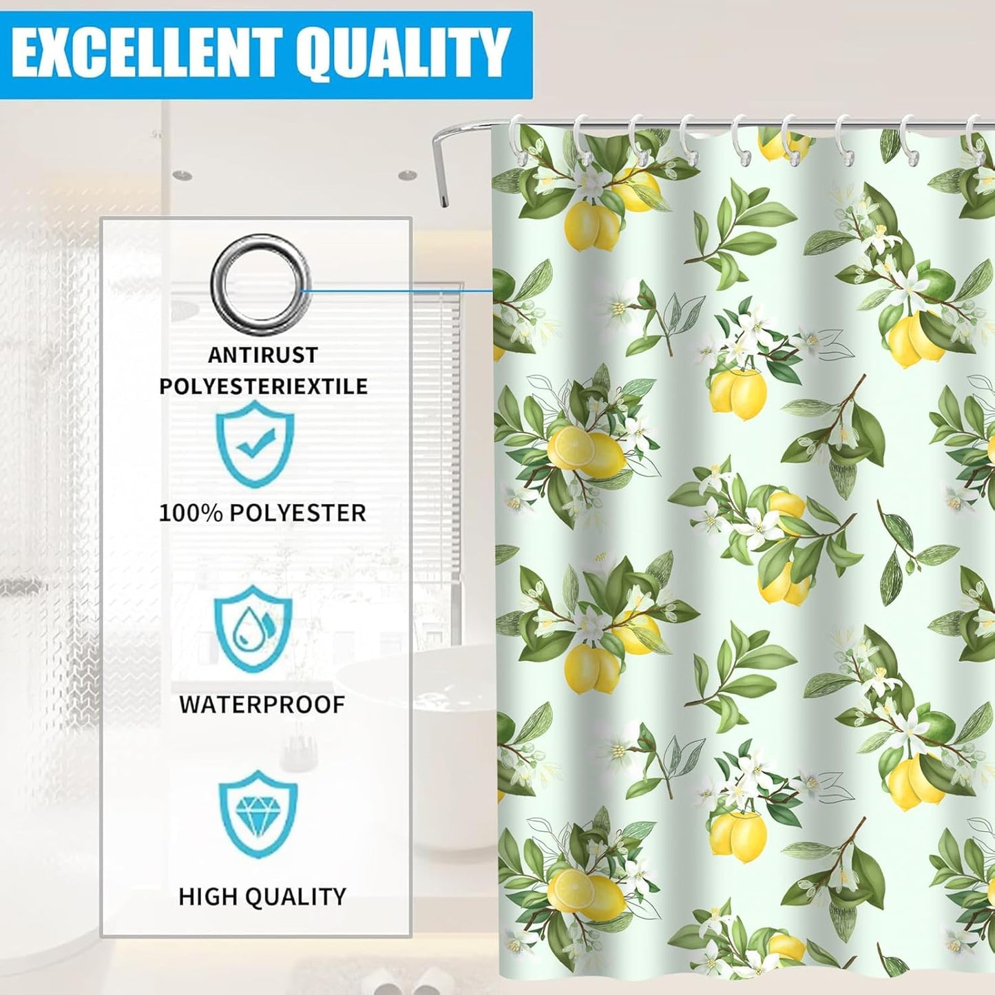 Lemon Shower Curtain Sets for Bathroom 72"×72" Green Leaves Plant Design Yellow Aesthetic Lemons Shower Curtains Modern Bathroom Decoration Waterproof Washable Fabric with 12 Hooks 72"×72"