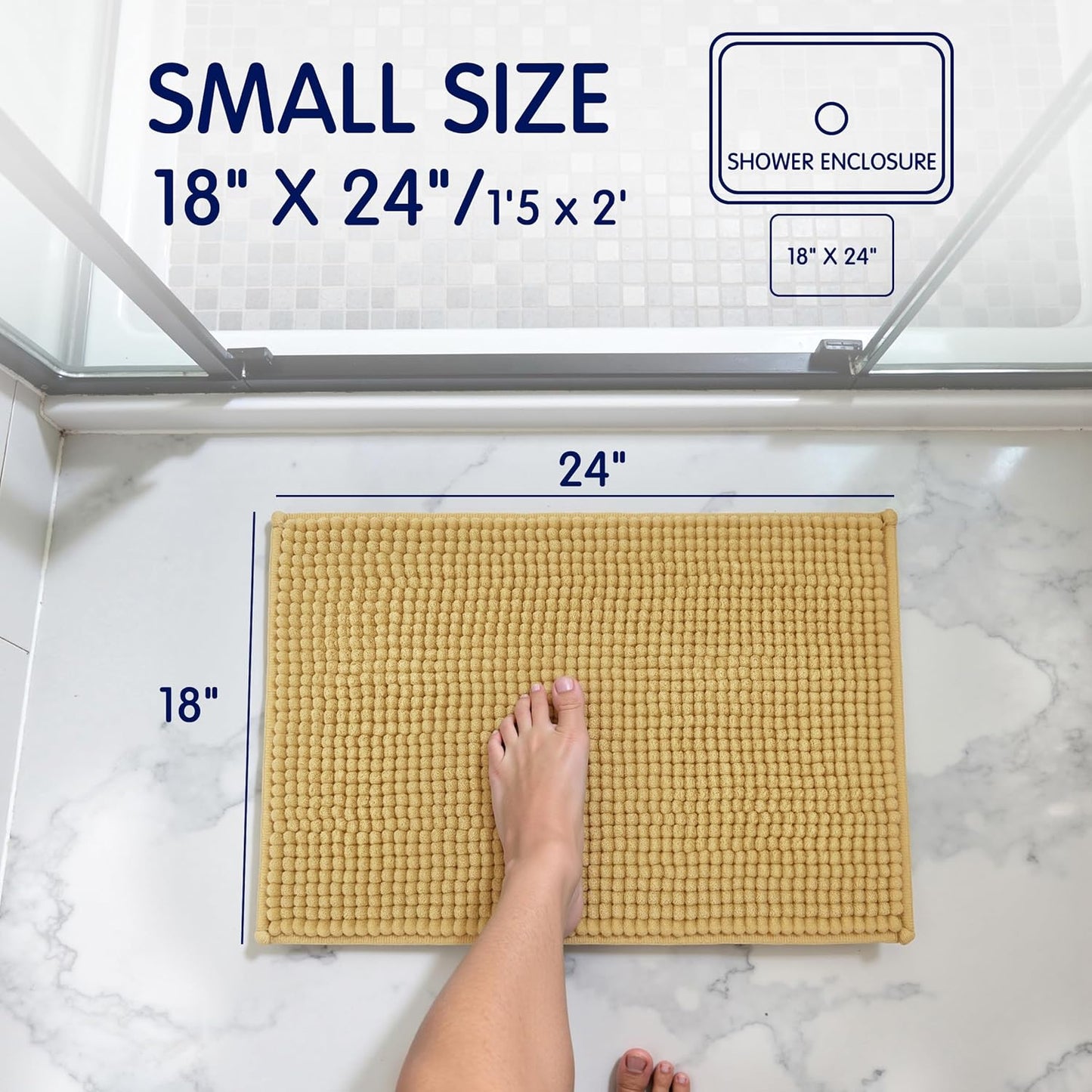 Bathroom Rugs Chenille Bath Rug, Soft Short Plush Bath Mat, Water Absorbent Shower Mat, Quick Dry Machine Washable(Yellow, 18" x 24")