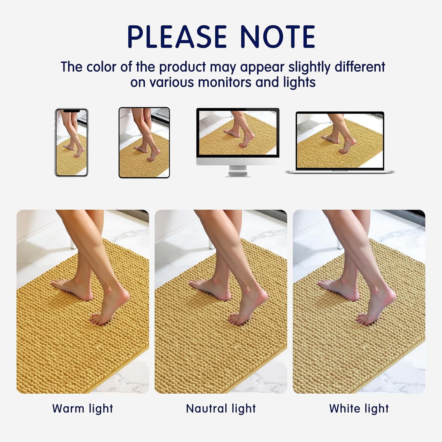Bathroom Rugs Chenille Bath Rug, Soft Short Plush Bath Mat, Water Absorbent Shower Mat, Quick Dry Machine Washable(Yellow, 18" x 24")