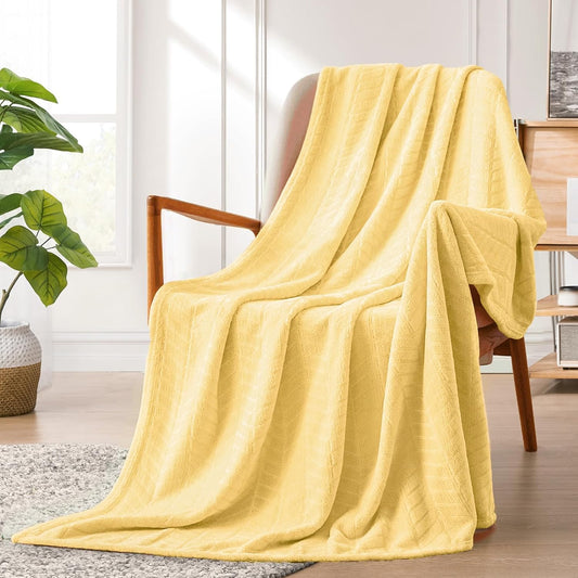 Premium Flannel Throw Blanket 50x70 Inches Light Yellow, 280GSM 3D Textured Decorative Diamond Rhombus Pattern, Lightweight Microfiber Soft Breathable Suitable for All Seasons