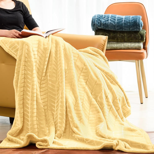 Premium Flannel Throw Blanket 50x70 Inches Light Yellow, 280GSM 3D Textured Decorative Diamond Rhombus Pattern, Lightweight Microfiber Soft Breathable Suitable for All Seasons