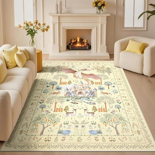 Bedroom Area Rugs 5x7ft Non Slip, Yellow Dragon Animal Print Living Room Rugs Non Shedding, Washable Fantasy Kids Nursery Floor Carpets for Dining Room Playroom Study Home Decor