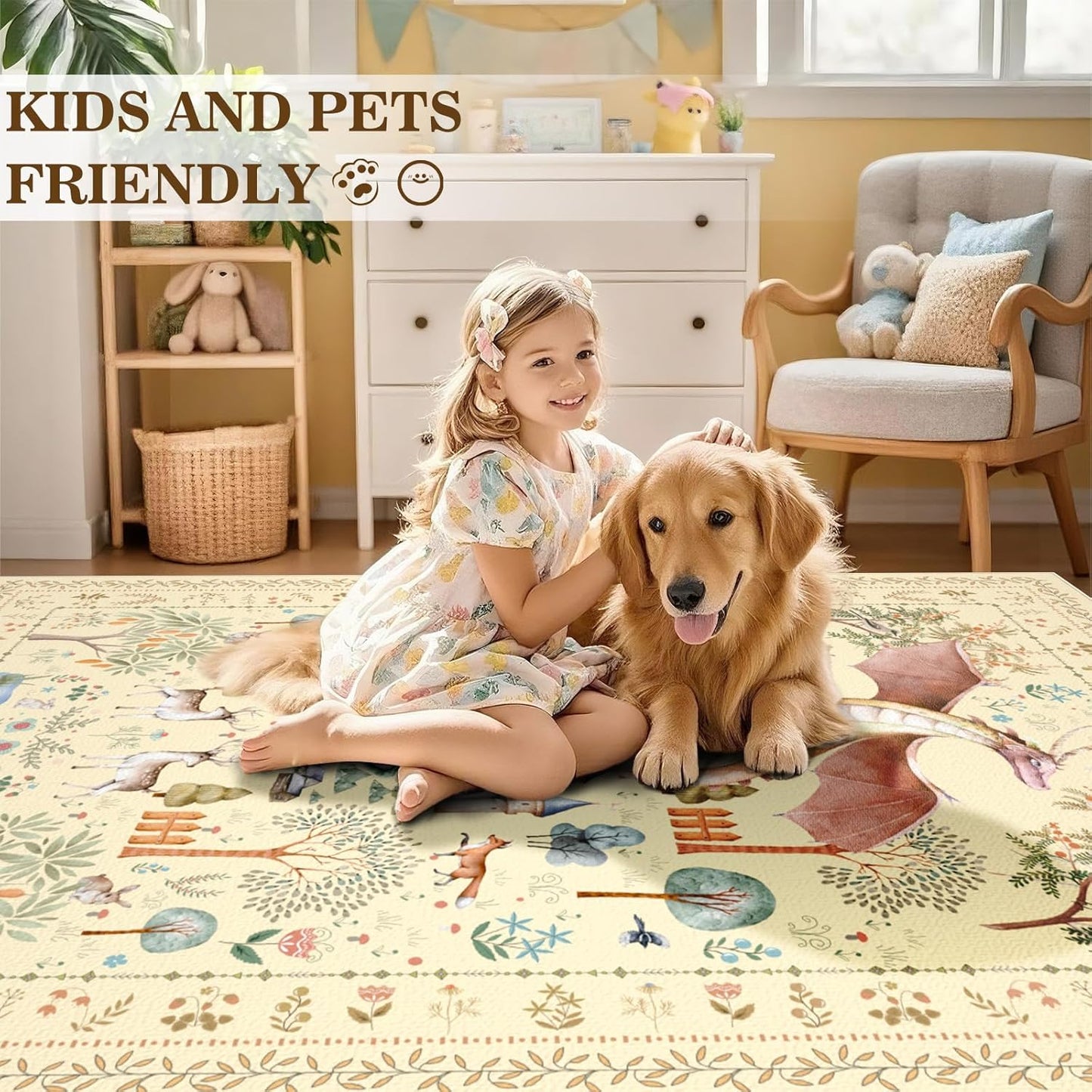 Bedroom Area Rugs 5x7ft Non Slip, Yellow Dragon Animal Print Living Room Rugs Non Shedding, Washable Fantasy Kids Nursery Floor Carpets for Dining Room Playroom Study Home Decor