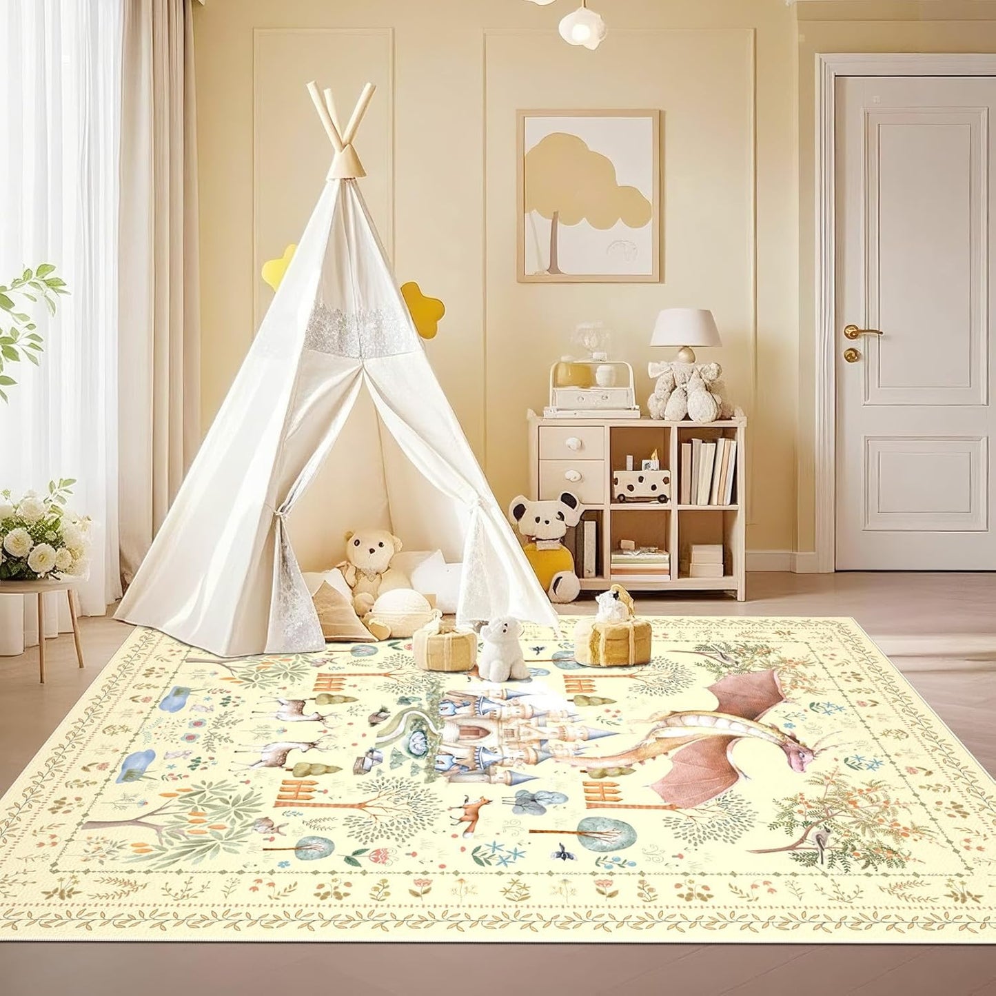 Bedroom Area Rugs 5x7ft Non Slip, Yellow Dragon Animal Print Living Room Rugs Non Shedding, Washable Fantasy Kids Nursery Floor Carpets for Dining Room Playroom Study Home Decor