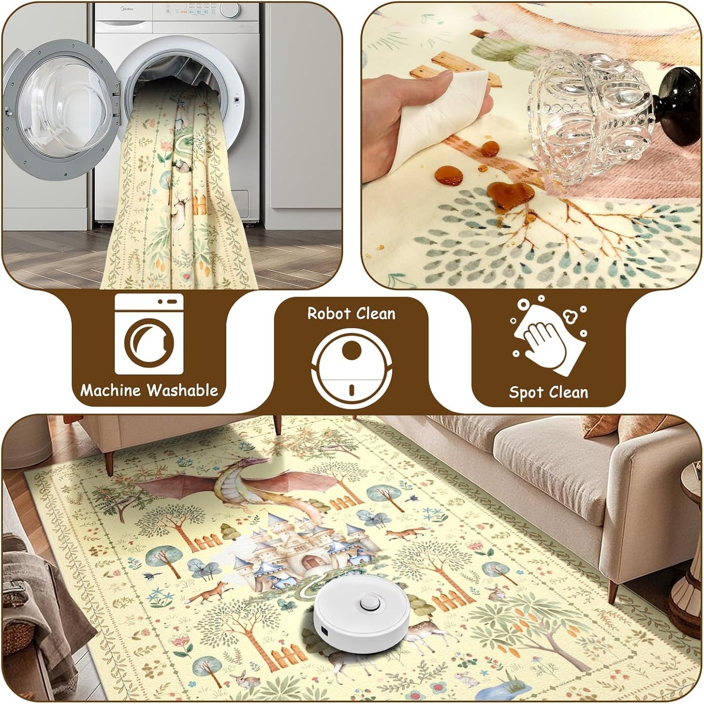 Bedroom Area Rugs 5x7ft Non Slip, Yellow Dragon Animal Print Living Room Rugs Non Shedding, Washable Fantasy Kids Nursery Floor Carpets for Dining Room Playroom Study Home Decor
