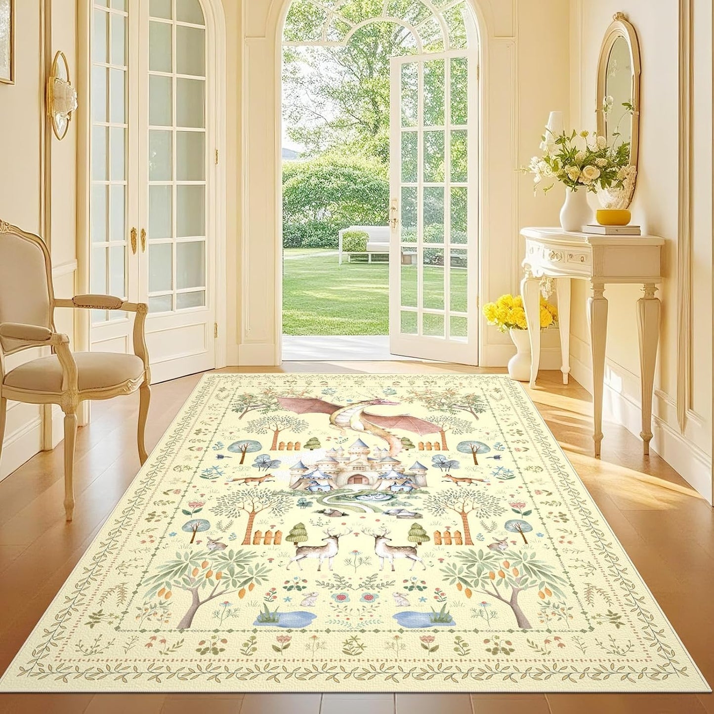 Bedroom Area Rugs 5x7ft Non Slip, Yellow Dragon Animal Print Living Room Rugs Non Shedding, Washable Fantasy Kids Nursery Floor Carpets for Dining Room Playroom Study Home Decor