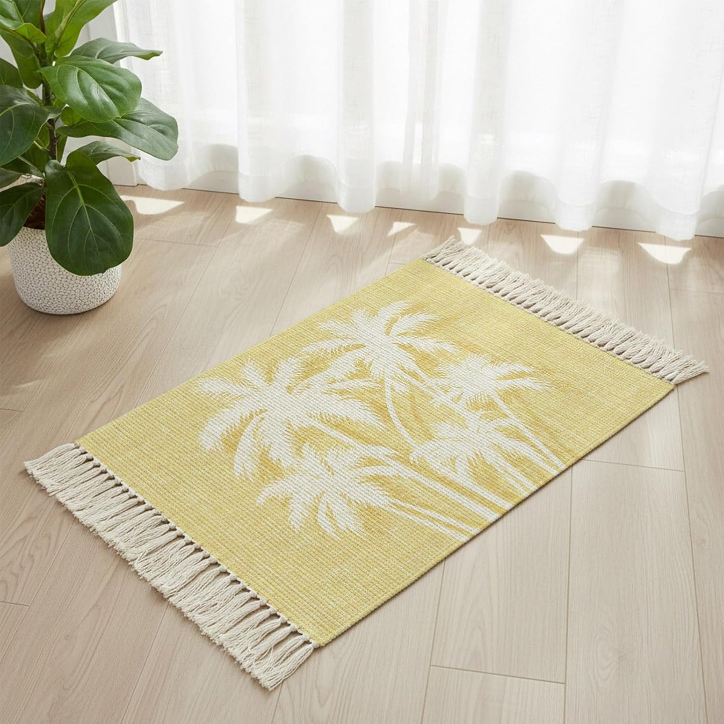 Coastal Tropical Area Rug with Tassel 2x3 Ft,Summer Palm Trees Silhouettes Light Yellow Entryway Rugs Washable Throw Mat Lightweight Tassel Carpets for Living Room Kitchen Bedroom Bedside,Office Decor