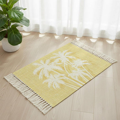Coastal Tropical Area Rug with Tassel 2x3 Ft,Summer Palm Trees Silhouettes Light Yellow Entryway Rugs Washable Throw Mat Lightweight Tassel Carpets for Living Room Kitchen Bedroom Bedside,Office Decor