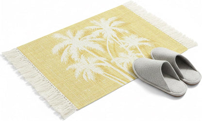 Coastal Tropical Area Rug with Tassel 2x3 Ft,Summer Palm Trees Silhouettes Light Yellow Entryway Rugs Washable Throw Mat Lightweight Tassel Carpets for Living Room Kitchen Bedroom Bedside,Office Decor