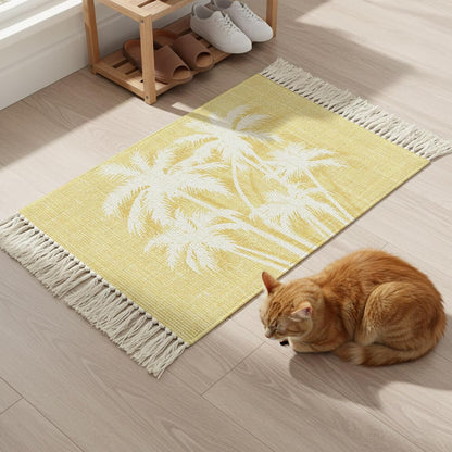 Coastal Tropical Area Rug with Tassel 2x3 Ft,Summer Palm Trees Silhouettes Light Yellow Entryway Rugs Washable Throw Mat Lightweight Tassel Carpets for Living Room Kitchen Bedroom Bedside,Office Decor