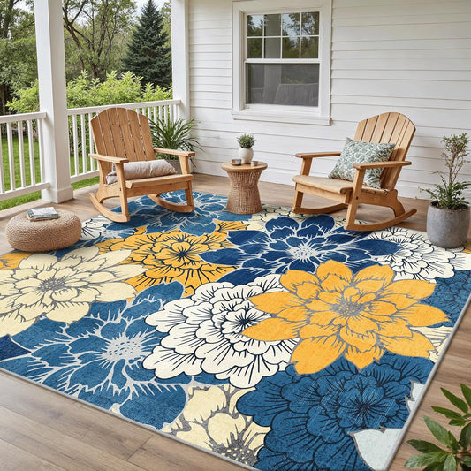 Indoor Outdoor Area Rug 8'x10', Machine Washable Rugs for Patio, Waterproof, Non-Slip Easy Cleaning Floral Outdoor Mat Carpet for Living Room, RV, Balcony, Deck, Camping, Blue Yellow