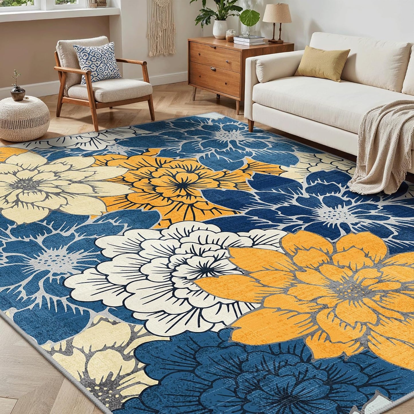Indoor Outdoor Area Rug 8'x10', Machine Washable Rugs for Patio, Waterproof, Non-Slip Easy Cleaning Floral Outdoor Mat Carpet for Living Room, RV, Balcony, Deck, Camping, Blue Yellow