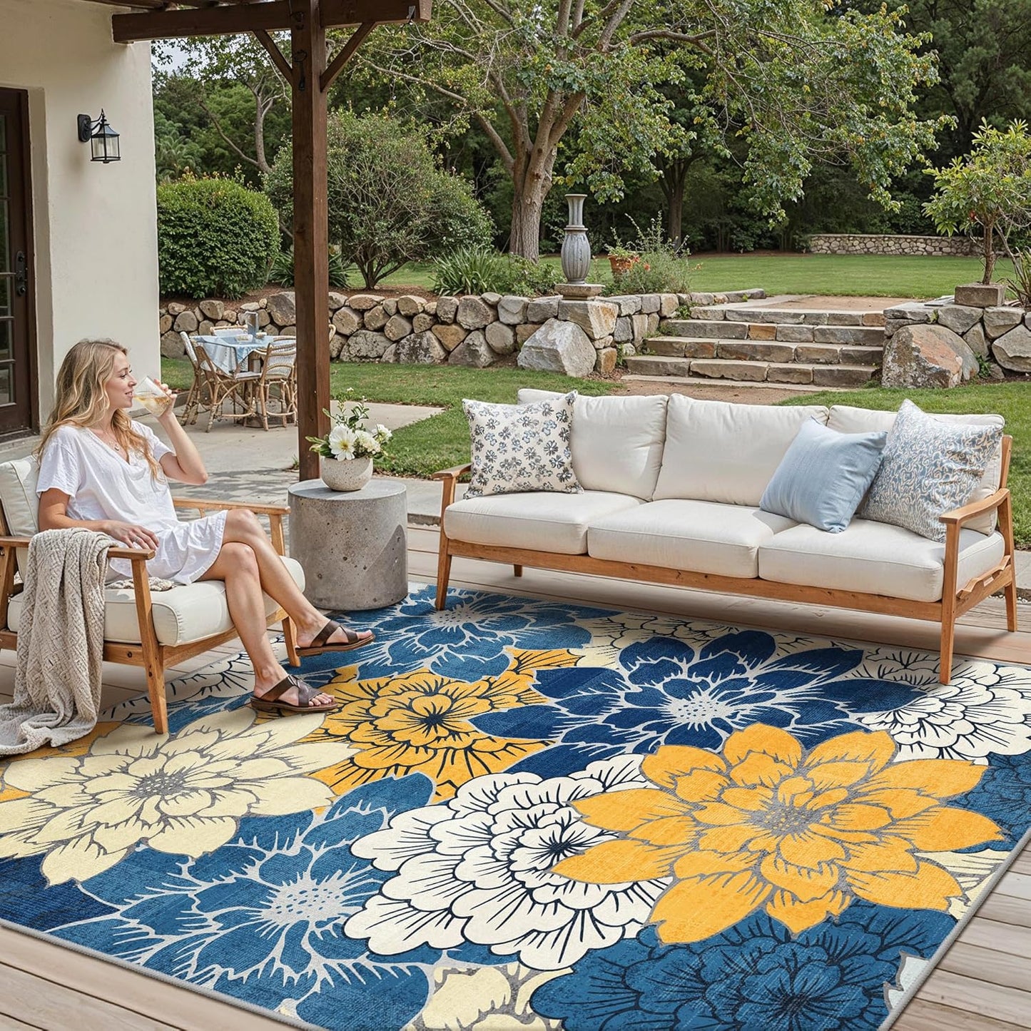 Indoor Outdoor Area Rug 8'x10', Machine Washable Rugs for Patio, Waterproof, Non-Slip Easy Cleaning Floral Outdoor Mat Carpet for Living Room, RV, Balcony, Deck, Camping, Blue Yellow