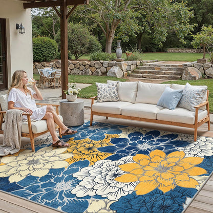 Indoor Outdoor Area Rug 8'x10', Machine Washable Rugs for Patio, Waterproof, Non-Slip Easy Cleaning Floral Outdoor Mat Carpet for Living Room, RV, Balcony, Deck, Camping, Blue Yellow