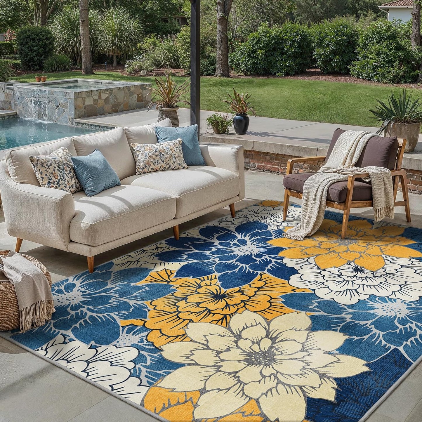 Indoor Outdoor Area Rug 8'x10', Machine Washable Rugs for Patio, Waterproof, Non-Slip Easy Cleaning Floral Outdoor Mat Carpet for Living Room, RV, Balcony, Deck, Camping, Blue Yellow