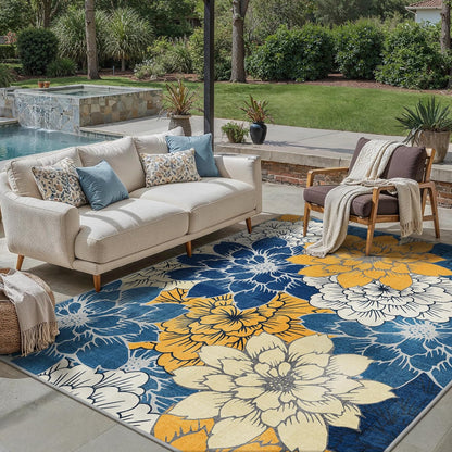 Indoor Outdoor Area Rug 8'x10', Machine Washable Rugs for Patio, Waterproof, Non-Slip Easy Cleaning Floral Outdoor Mat Carpet for Living Room, RV, Balcony, Deck, Camping, Blue Yellow