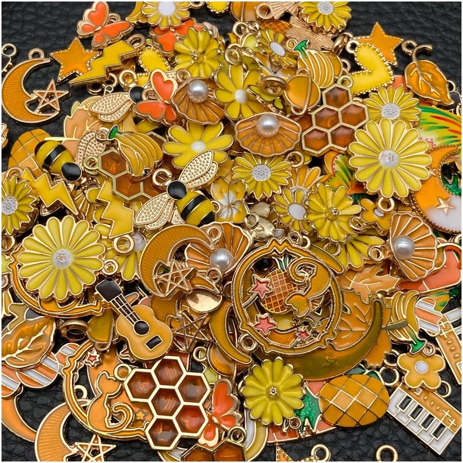 100 Pcs Random Enamel Charms for Jewelry Making Flowers, Hearts, and Mixed Styles Bracelet Necklaces Earrings Making Findings Supplies (SN1256-Yellow)