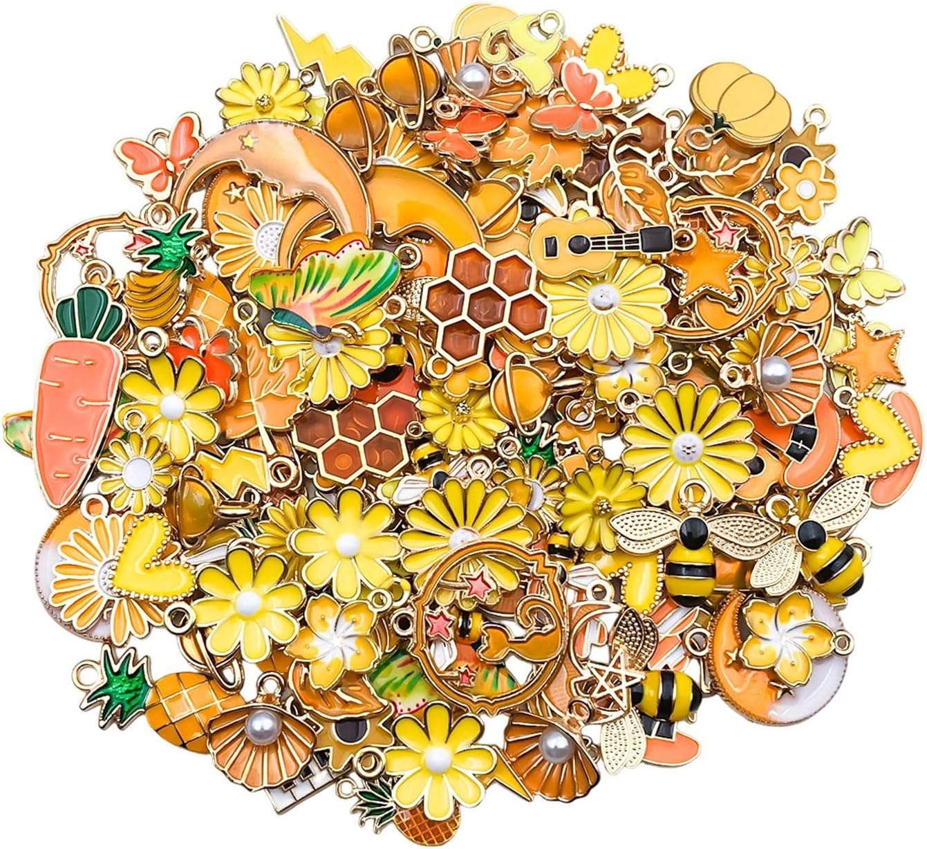 100 Pcs Random Enamel Charms for Jewelry Making Flowers, Hearts, and Mixed Styles Bracelet Necklaces Earrings Making Findings Supplies (SN1256-Yellow)