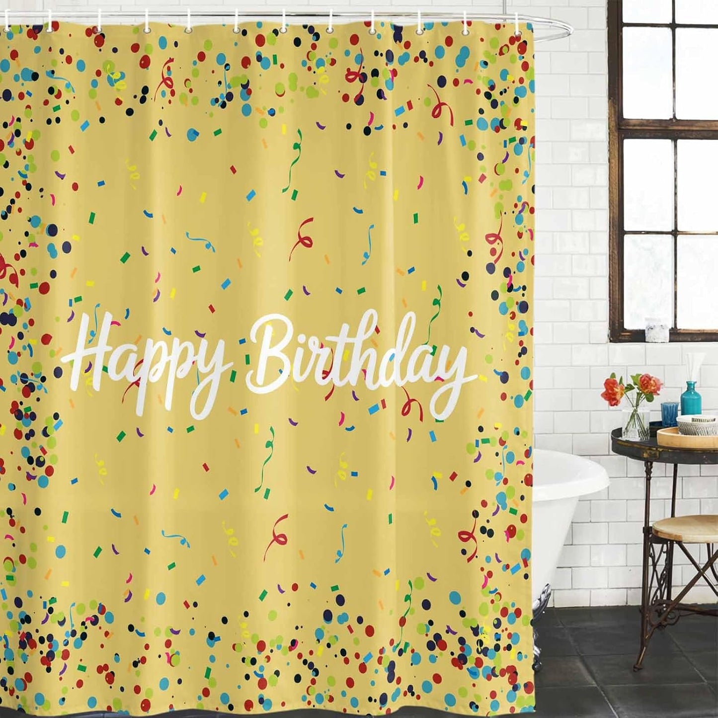 Stall Shower Curtains 36" x 72", Yellow Birthday Washable Shower Curtain for Bathroom, Colorful Confetti Ribbons Polka Dots Classroom Waterproof Polyester Fabric Bathtub Curtain Panel