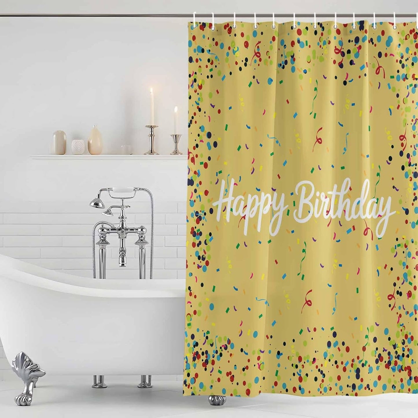 Stall Shower Curtains 36" x 72", Yellow Birthday Washable Shower Curtain for Bathroom, Colorful Confetti Ribbons Polka Dots Classroom Waterproof Polyester Fabric Bathtub Curtain Panel