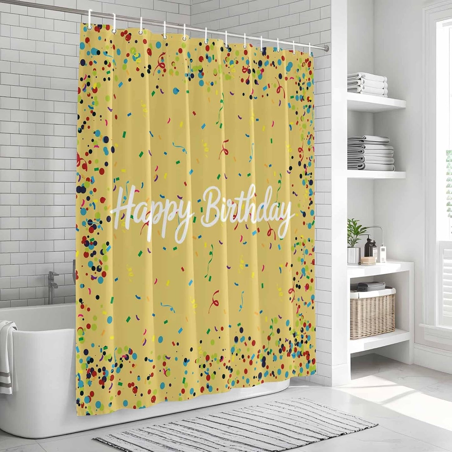 Stall Shower Curtains 36" x 72", Yellow Birthday Washable Shower Curtain for Bathroom, Colorful Confetti Ribbons Polka Dots Classroom Waterproof Polyester Fabric Bathtub Curtain Panel