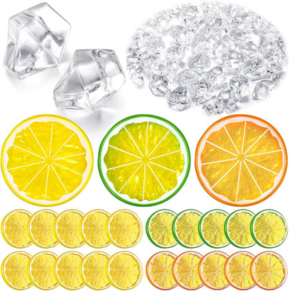 300 Pieces Clear Fake Crushed Ice Cubes Rocks and 20 Pieces Simulation Lemon Slices, Artificial Fruits and Acrylic Diamonds Clear Ice for Vase Fillers Table Centerpiece Decor Wedding (2 x 0.4 Inch)