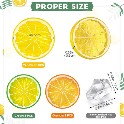 300 Pieces Clear Fake Crushed Ice Cubes Rocks and 20 Pieces Simulation Lemon Slices, Artificial Fruits and Acrylic Diamonds Clear Ice for Vase Fillers Table Centerpiece Decor Wedding (2 x 0.4 Inch)