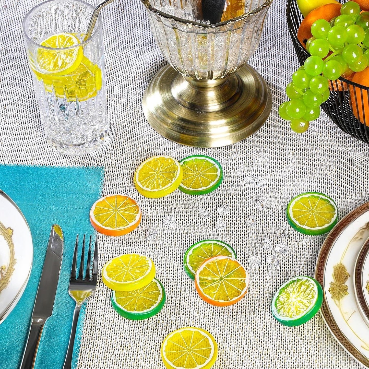 300 Pieces Clear Fake Crushed Ice Cubes Rocks and 20 Pieces Simulation Lemon Slices, Artificial Fruits and Acrylic Diamonds Clear Ice for Vase Fillers Table Centerpiece Decor Wedding (2 x 0.4 Inch)
