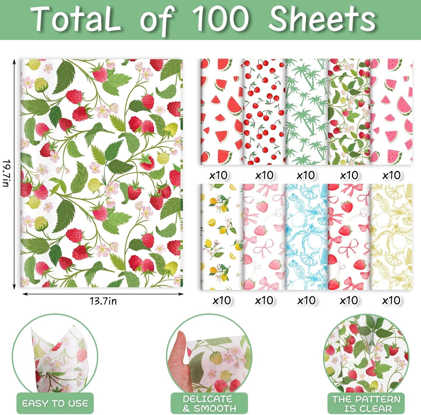 100 Sheets Fruit Themed Tissue Paper Bulk, 10 Fruit Styles Summer Fruit Paper for Hawaiian DIY Crafts, Summer Fruit-Themed Birthday Baby Shower Party Supplies, 20 x 14 (A)