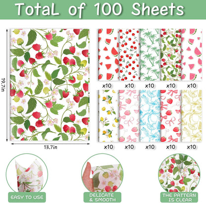 100 Sheets Fruit Themed Tissue Paper Bulk, 10 Fruit Styles Summer Fruit Paper for Hawaiian DIY Crafts, Summer Fruit-Themed Birthday Baby Shower Party Supplies, 20 x 14 (A)